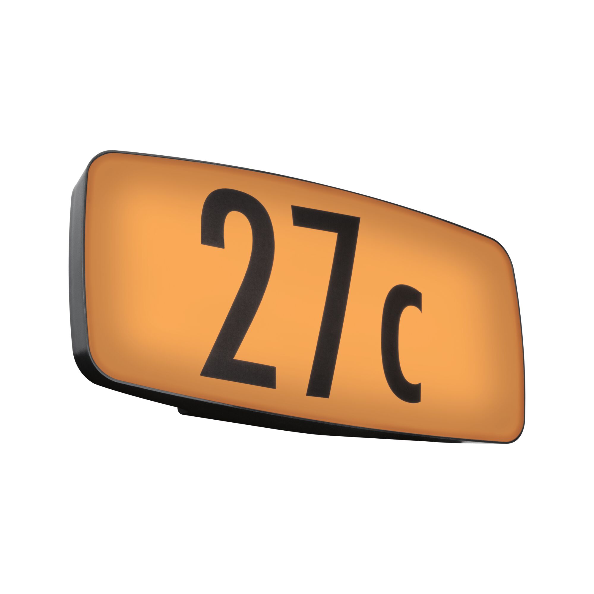 Illuminated house number sign 27c in black on orange plastic background for outdoor use