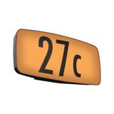 Illuminated house number sign 27c in black on orange plastic background for outdoor use