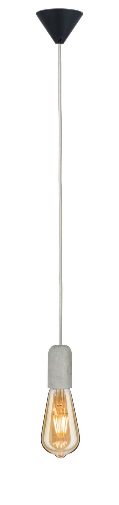 Pendant lamp with grey concrete socket and warm white LED bulb for cozy indoor lighting