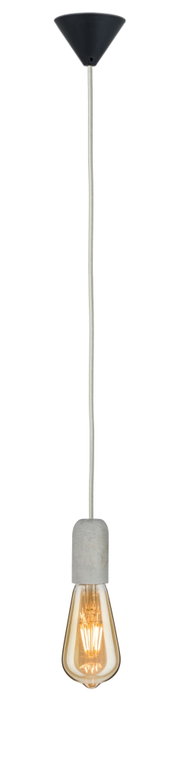 Hanglamp met grijze betonnen fitting en warm wit LED-filament in amberkleurige lamp