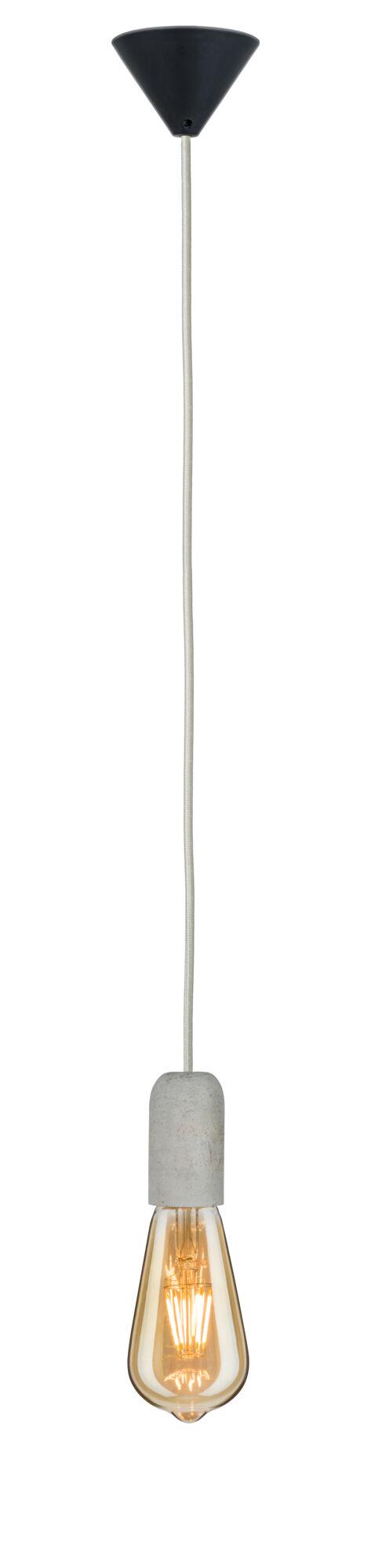 Hanglamp met grijze betonnen fitting en warm wit LED-filament in amberkleurige lamp