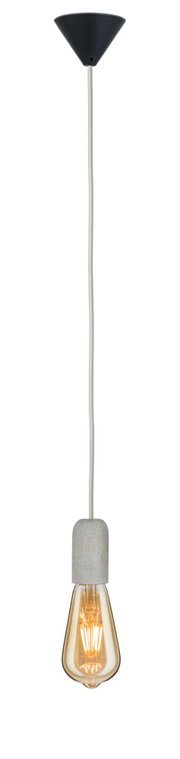 Hanglamp met grijze betonnen fitting en warm wit LED-filament in amberkleurige lamp