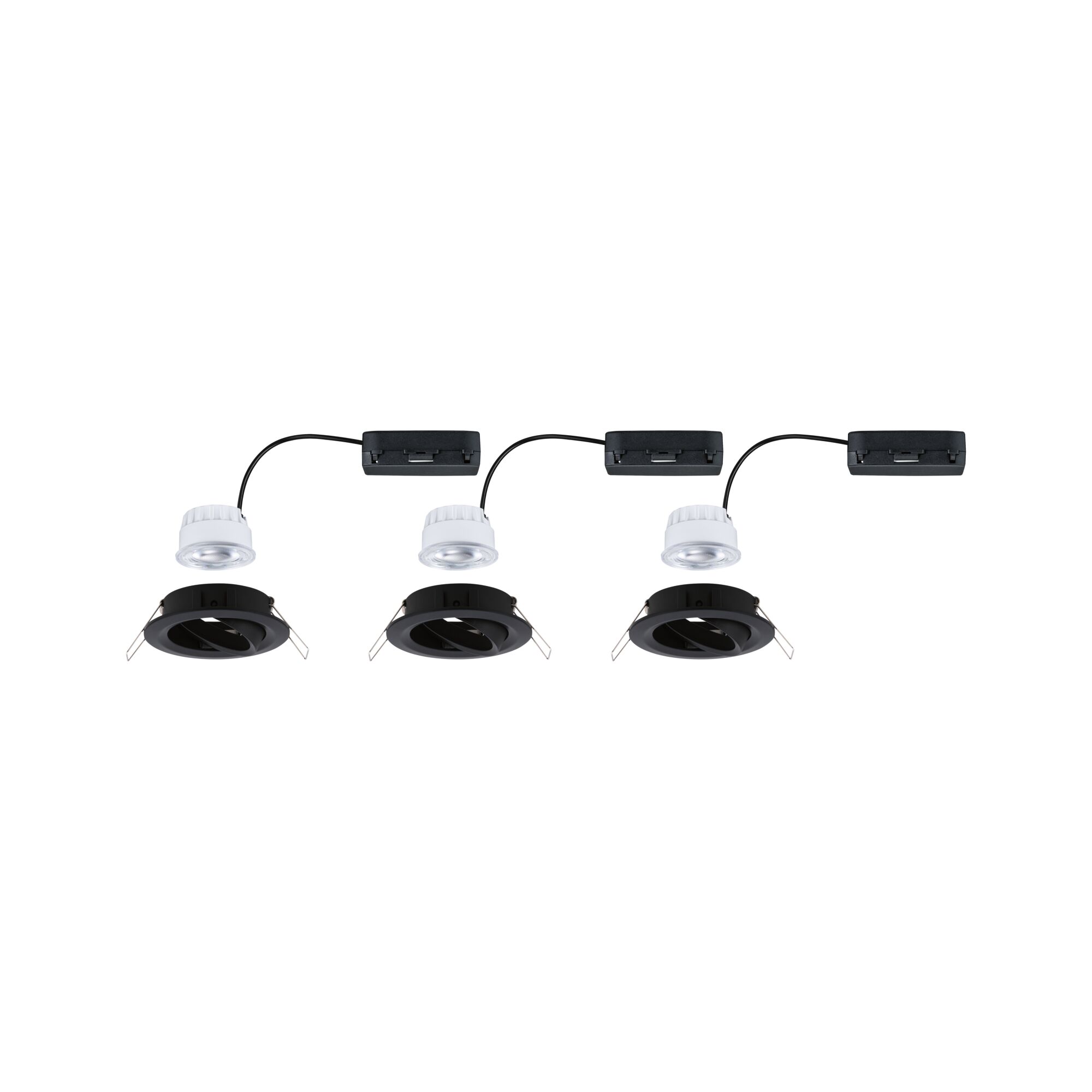 Three black recessed spotlights with white LED modules and connection boxes for modern LED lighting