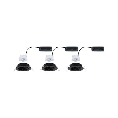 Three black recessed spotlights with white LED modules and connection boxes for modern LED lighting