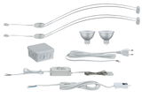 Kit d'éclairage blanc avec deux ampoules halogènes MR16, câbles, transformateur et boîte de jonction pour intérieur