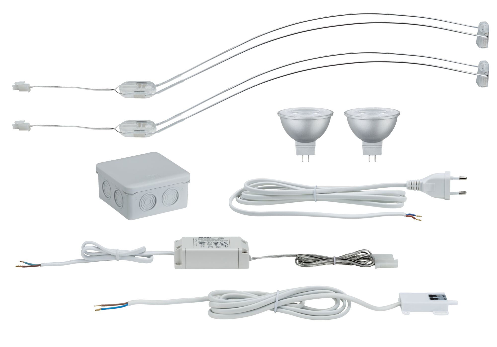 Wit verlichtingsset met twee MR16 halogeenlampen, kabels, transformator en aansluitdoos voor binnenverlichting