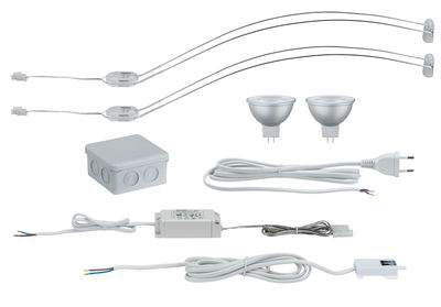 Wit verlichtingsset met twee MR16 halogeenlampen, kabels, transformator en aansluitdoos voor binnenverlichting
