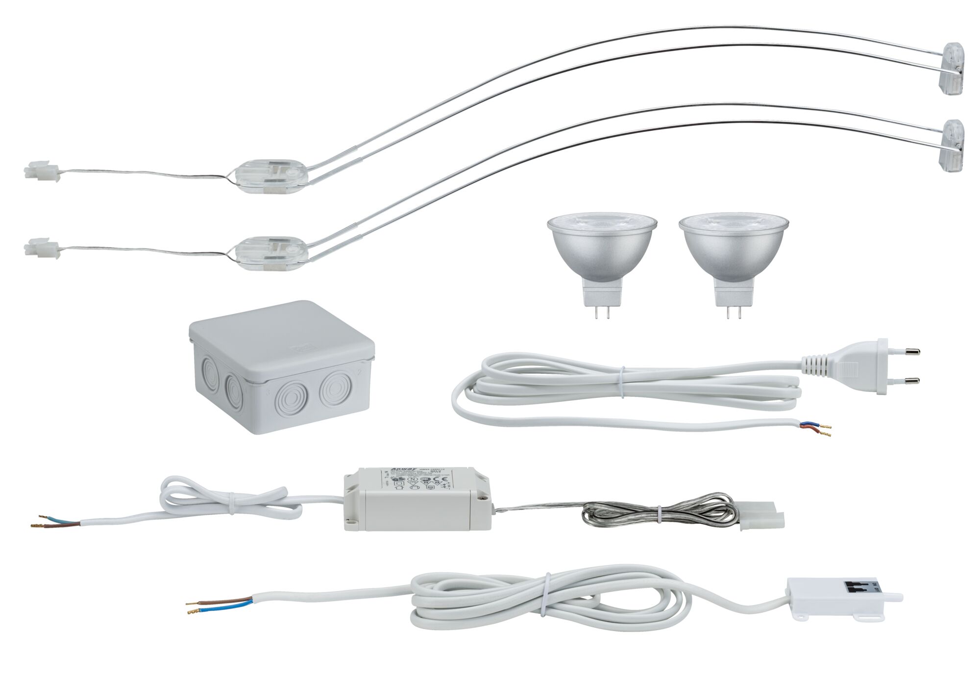 Wit verlichtingsset met twee MR16 halogeenlampen, kabels, transformator en aansluitdoos voor binnenverlichting