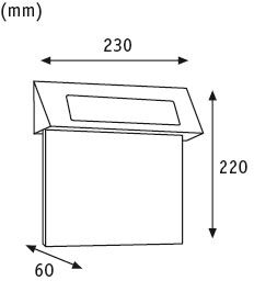 Technische tekening van een witte LED-wandlamp met afmetingen 230x220x60 mm voor binnenverlichting