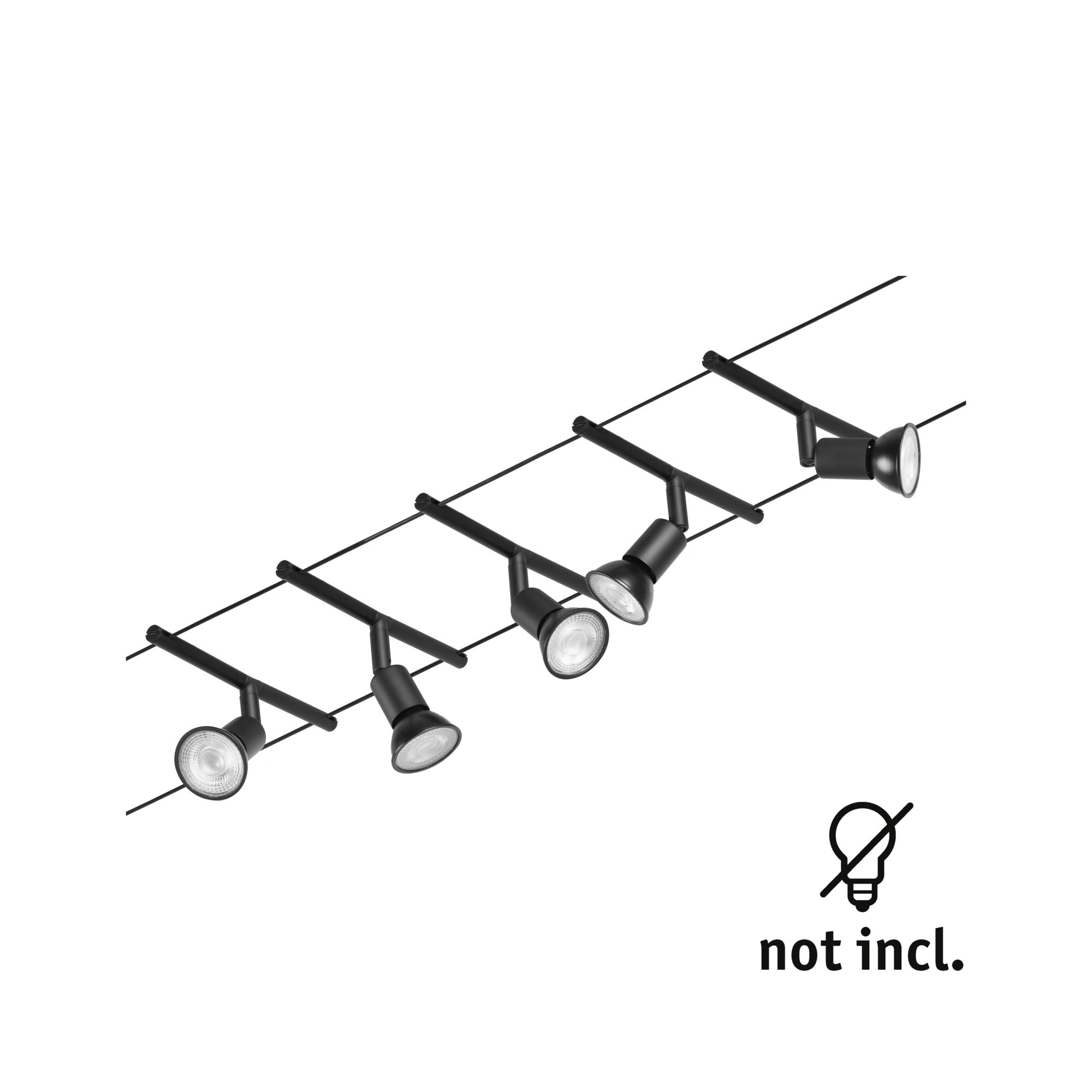 Black cable lighting system with five adjustable metal LED spotlights for versatile room illumination