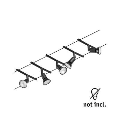 Black cable lighting system with five adjustable metal LED spotlights for versatile room illumination