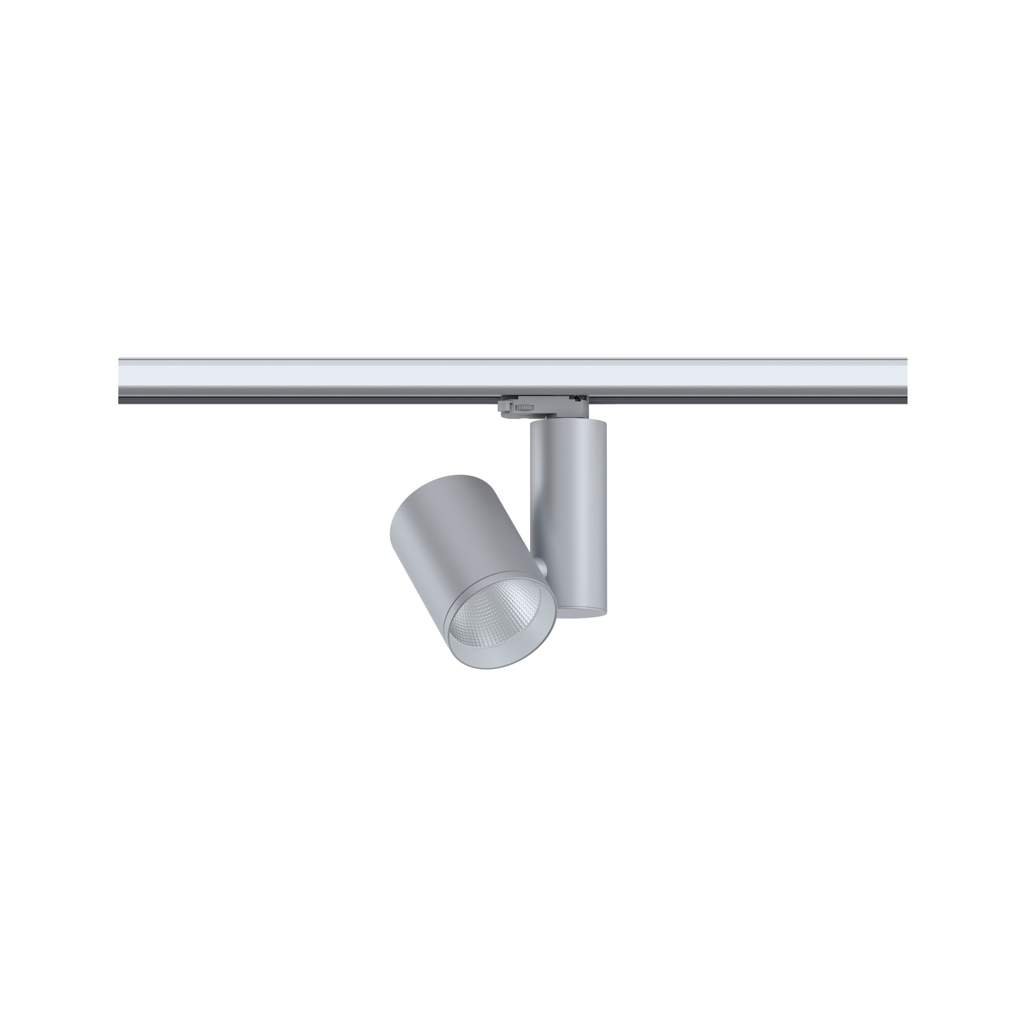 Moderner silberner LED-Strahler aus Metall an Schienensystem für flexible Beleuchtung im Innenraum