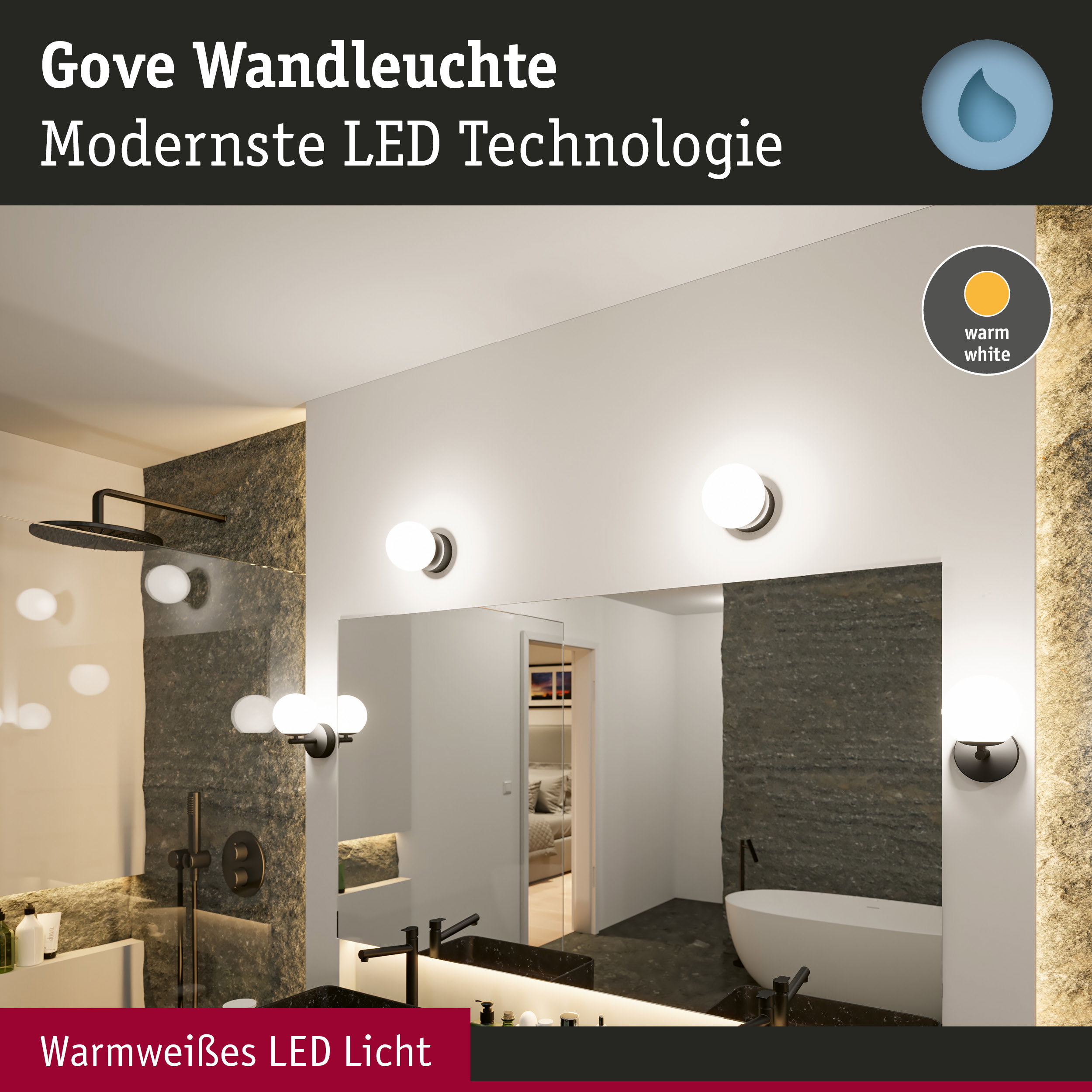 Gove Wandleuchte mit warmweißem LED-Licht in modernem Badezimmer mit schwarzer Armatur und Badewanne