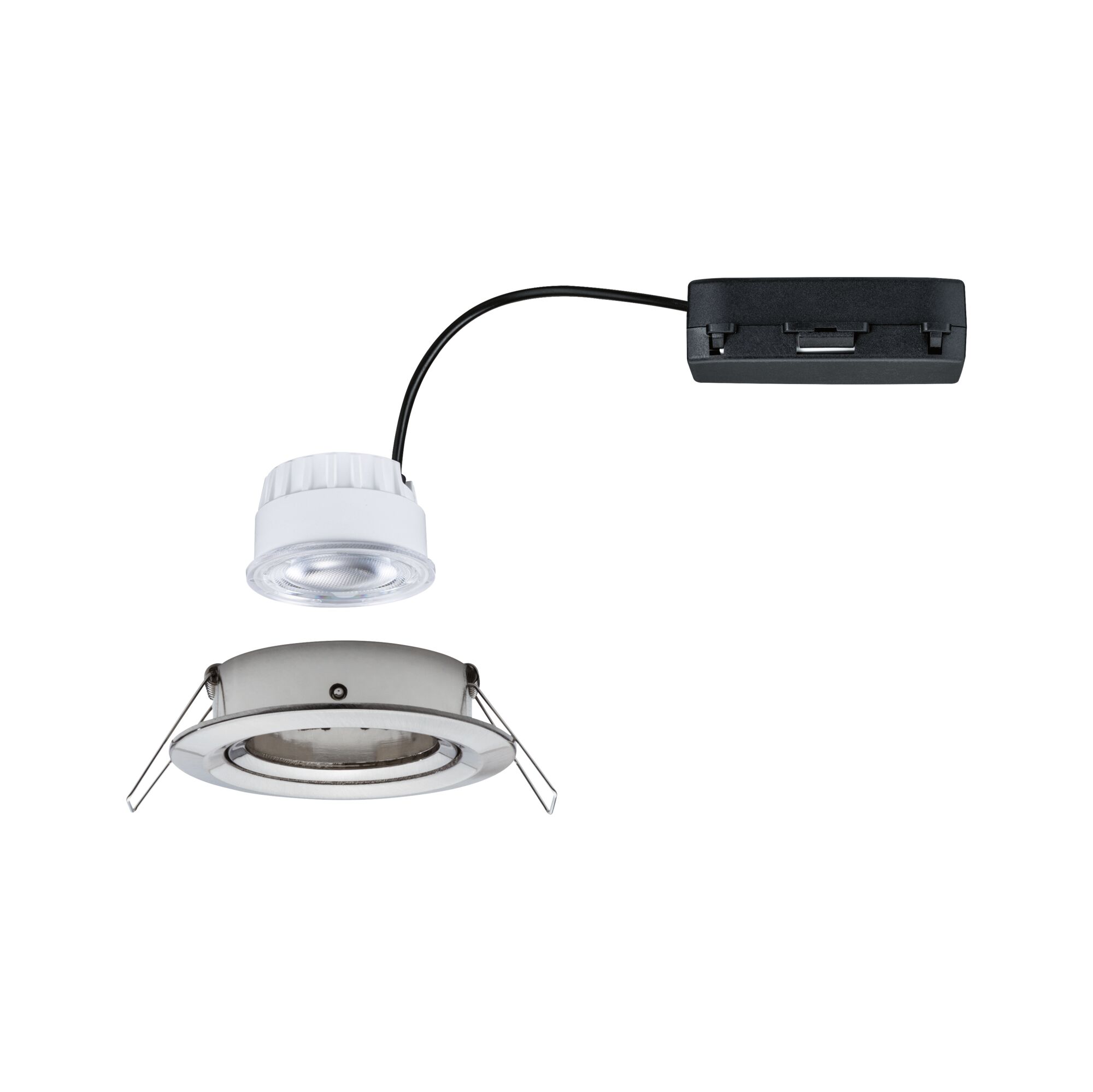 Spot encastré LED blanc avec cadre argenté et câble noir pour éclairage moderne