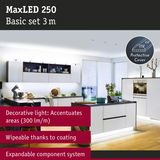 MaxLED 250 LED lighting 3 m in modern kitchen with white cabinets and wooden floor