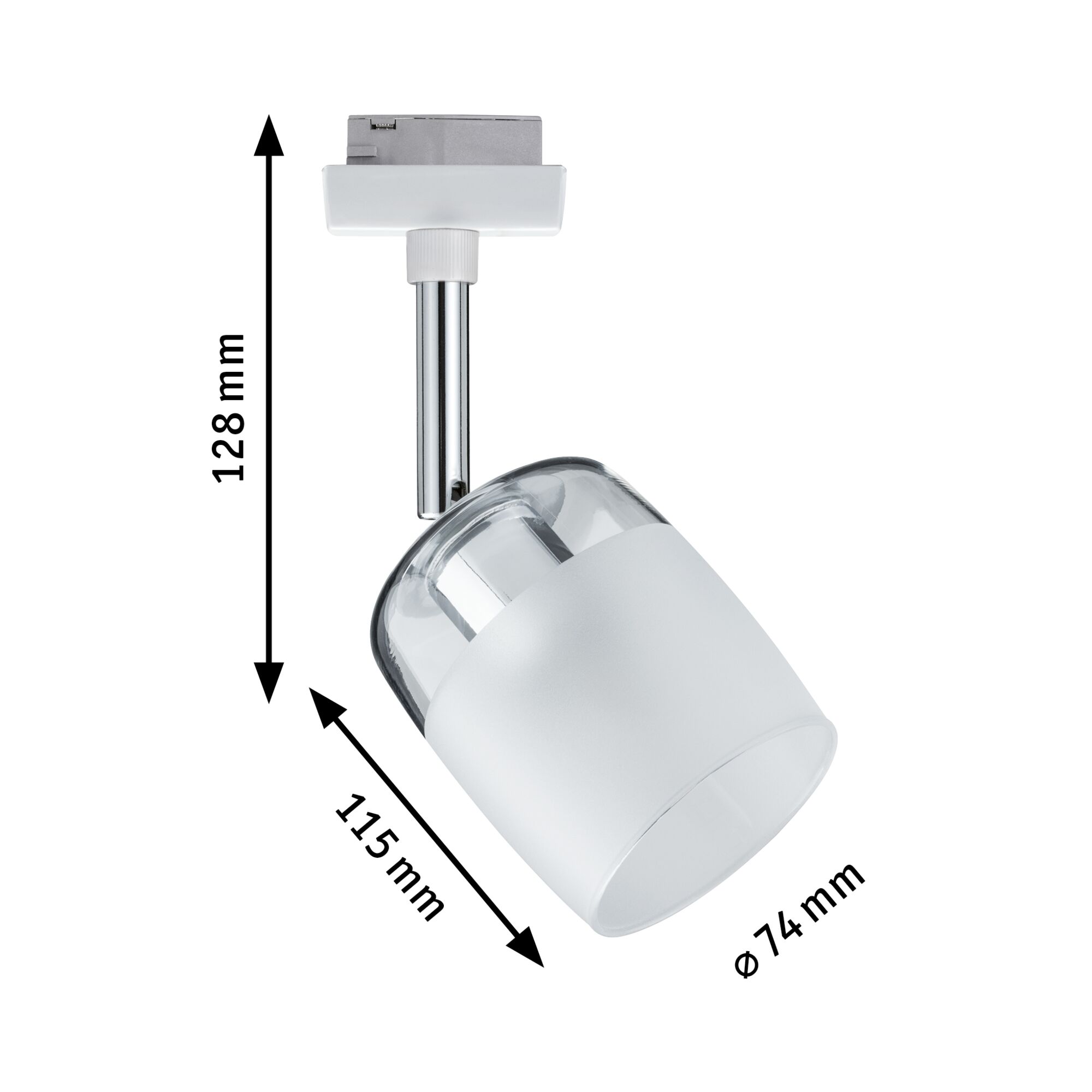 Spot LED blanc moderne en verre et métal, dimensions 128x115x74 mm pour système sur rail