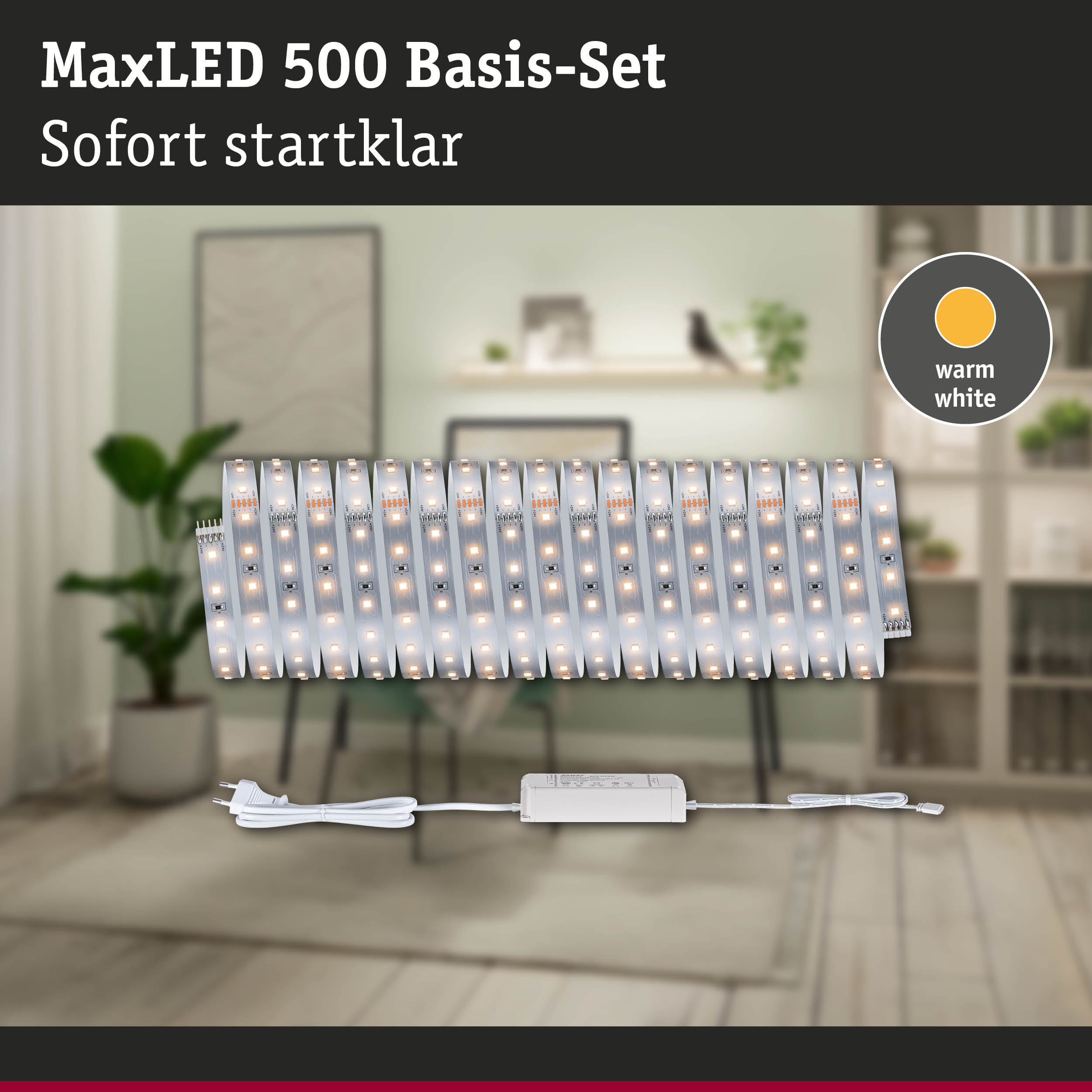 MaxLED 500 Basis-Set mit warmweißen LED-Streifen und Netzteil für einfache Raumbeleuchtung