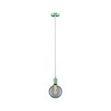 Pendant lamp with green metal holder and smoke grey bulb featuring decorative LED filament light