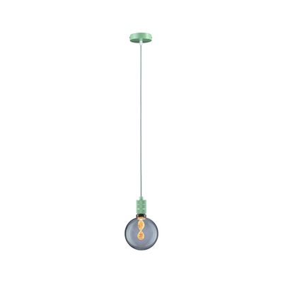 Pendant lamp with green metal holder and smoke grey bulb featuring decorative LED filament light