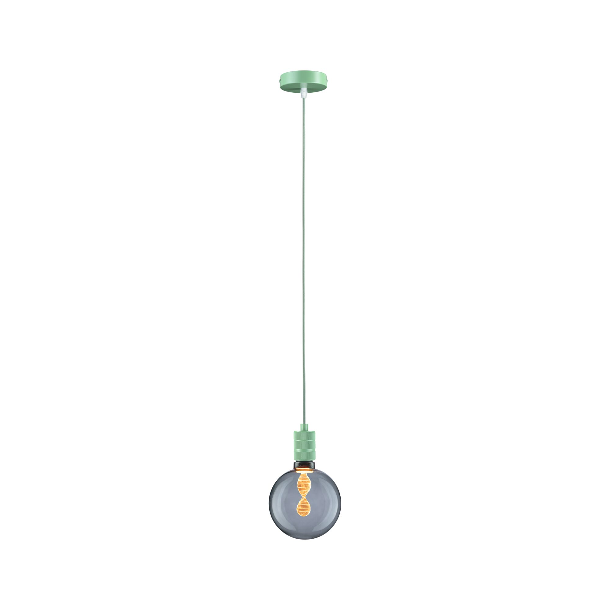 Hanglamp met groene metalen houder en rookgrijze lamp met decoratief LED-filamentlicht