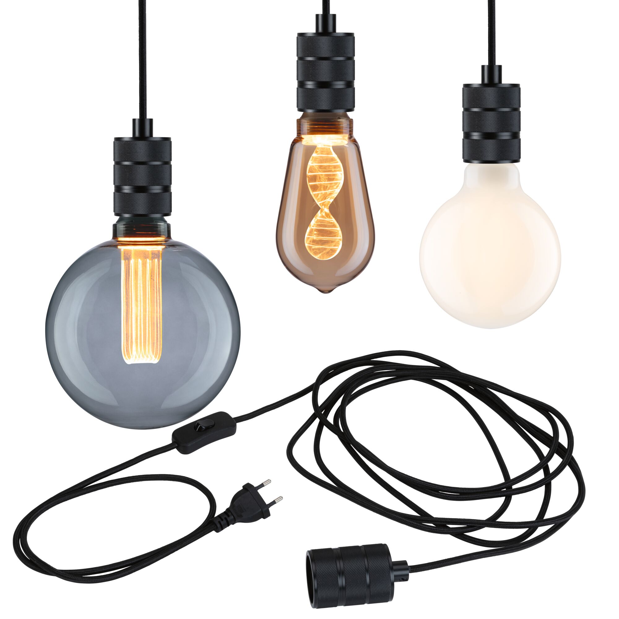 Neordic Hanglamp Tilla incl. stekker E27 max. 20W Zwart dimbaar Metaal Drie decoratieve LED-hanglampen met zwarte textielkabel en verschillende lampvormen en kleuren.