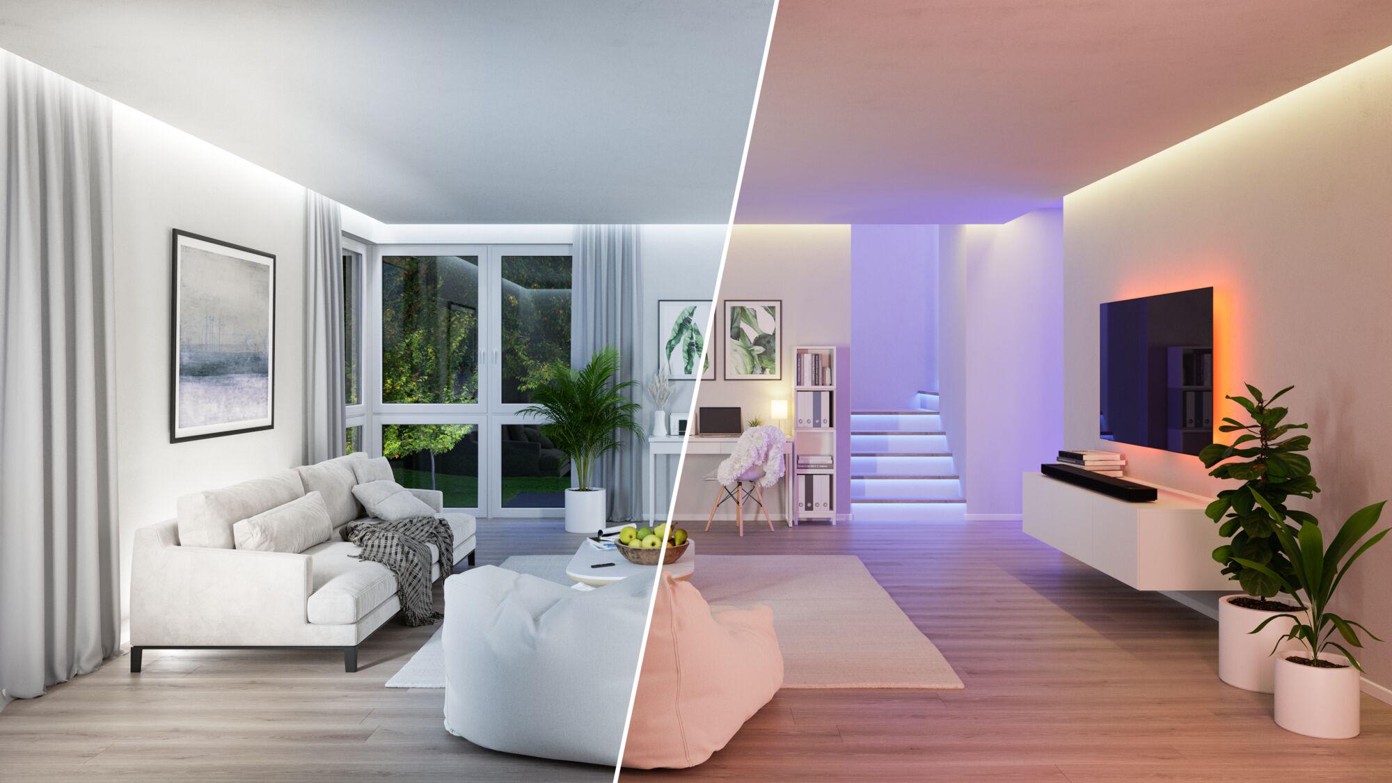 Modernes Wohnzimmer mit weißem Sofa und indirekter LED-Beleuchtung in warmen und kühlen Farben