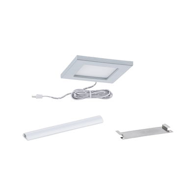 Square silver aluminum LED recessed panel with cable and mounting accessories for lighting