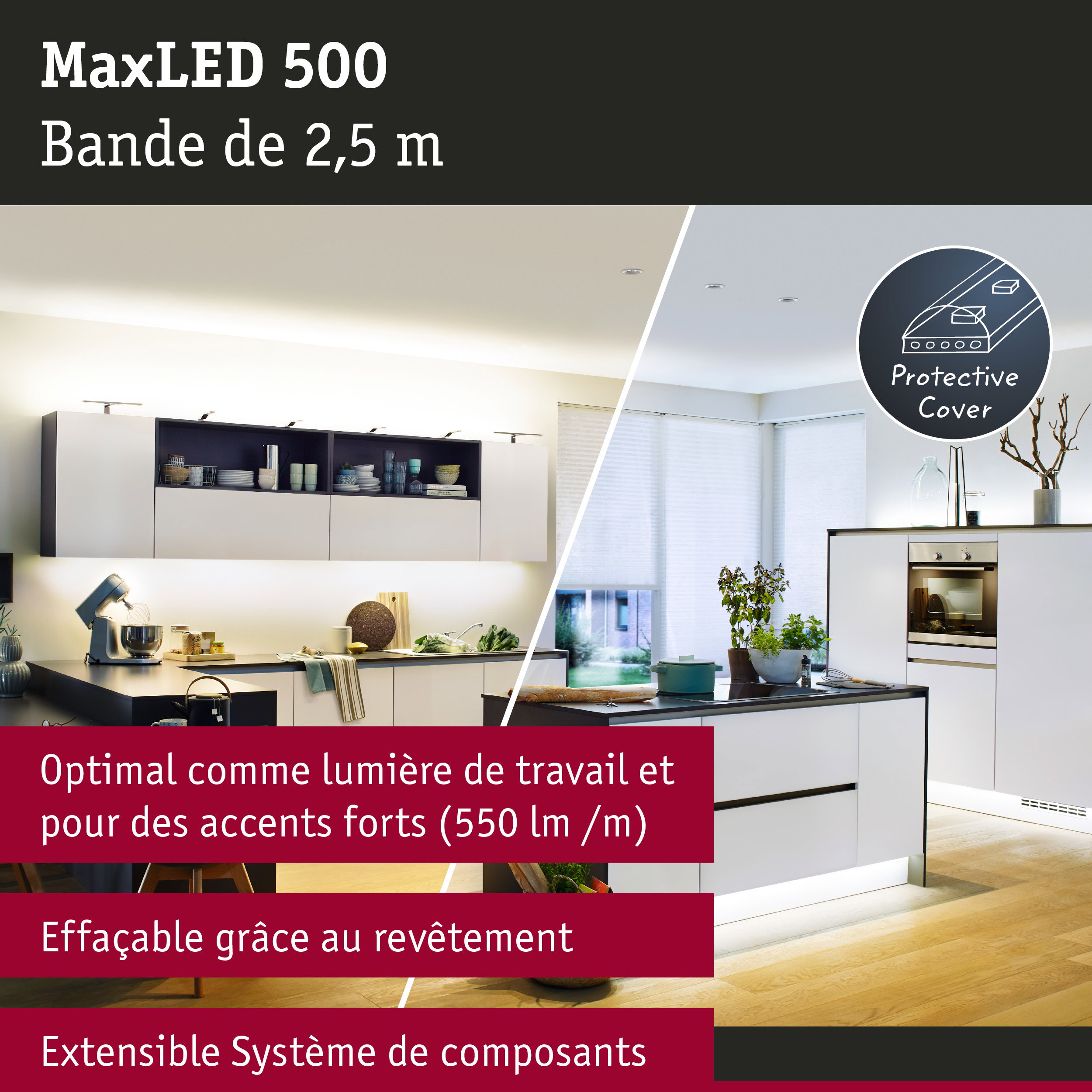 Bande LED MaxLED 500 de 2,5 m avec protection pour éclairage de cuisine lumineux et accents forts