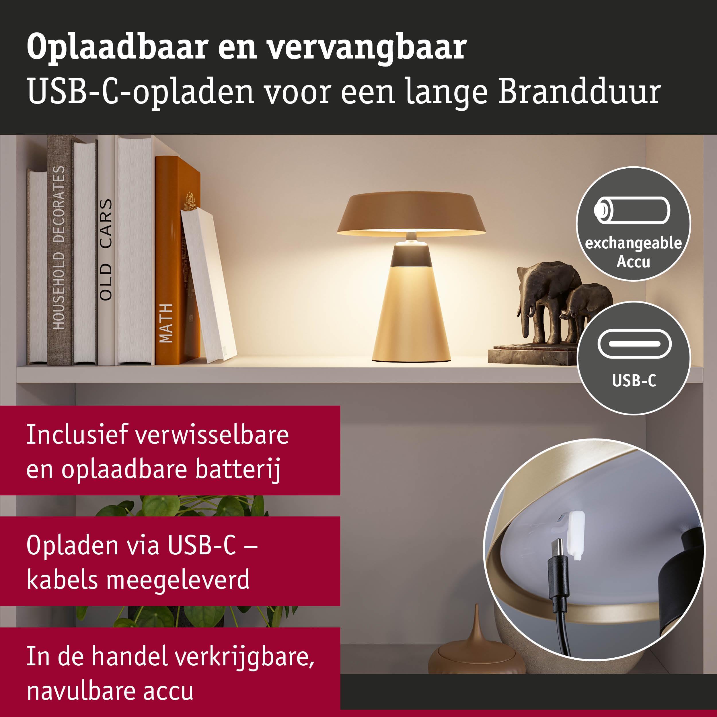 Oplaadbare beige tafellamp met USB-C en verwisselbare accu voor lange brandduur