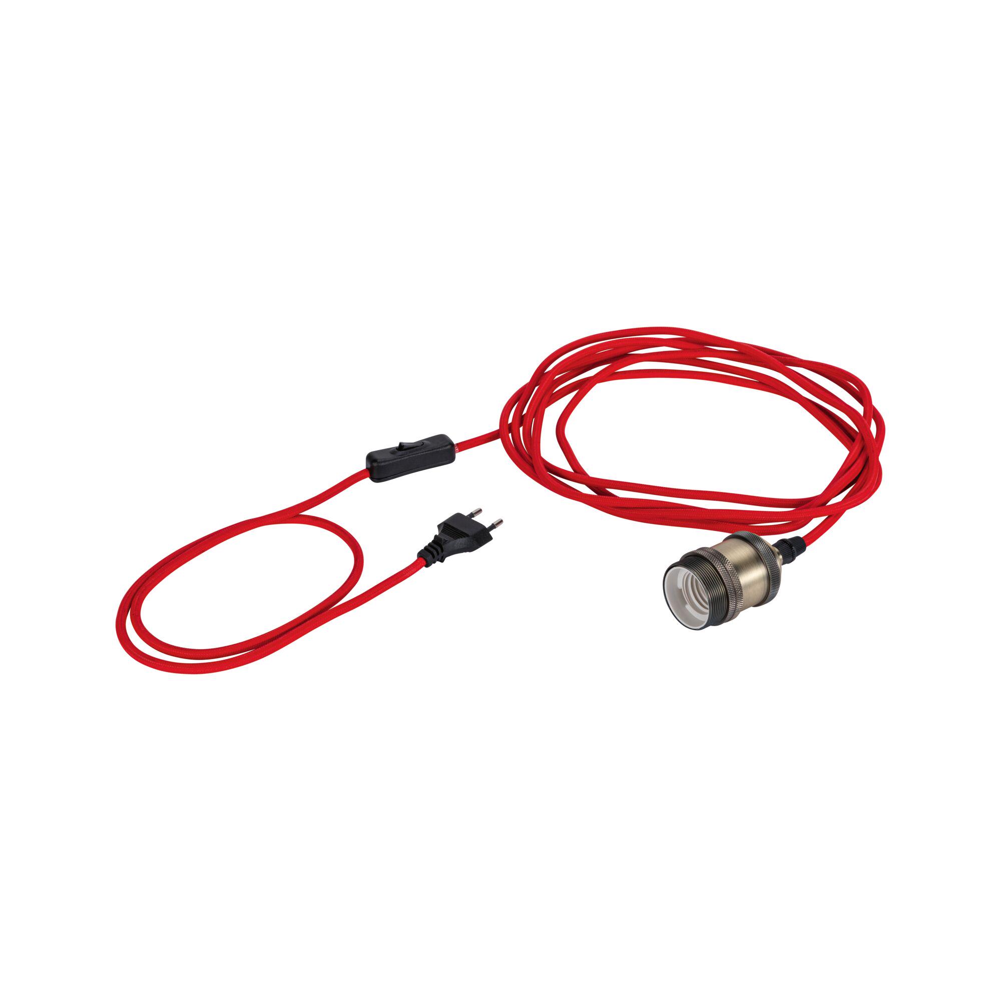 Red textile cable with switch and metal socket for LED bulbs, energy-saving lighting accessory