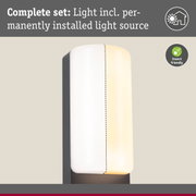 Modern wall light with white plastic shade and black base, including permanently installed light source