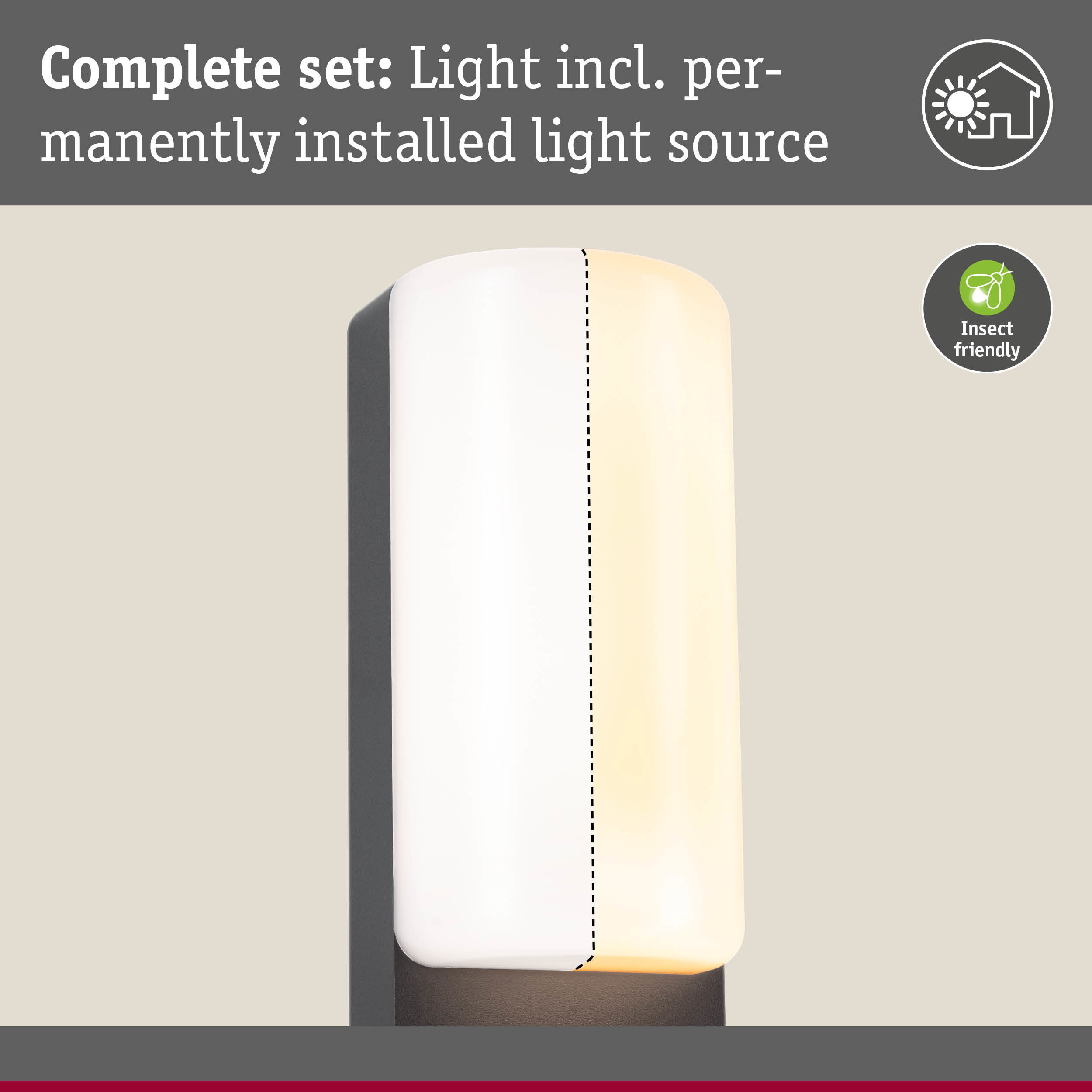 Modern wall light with white plastic shade and black base, including permanently installed light source