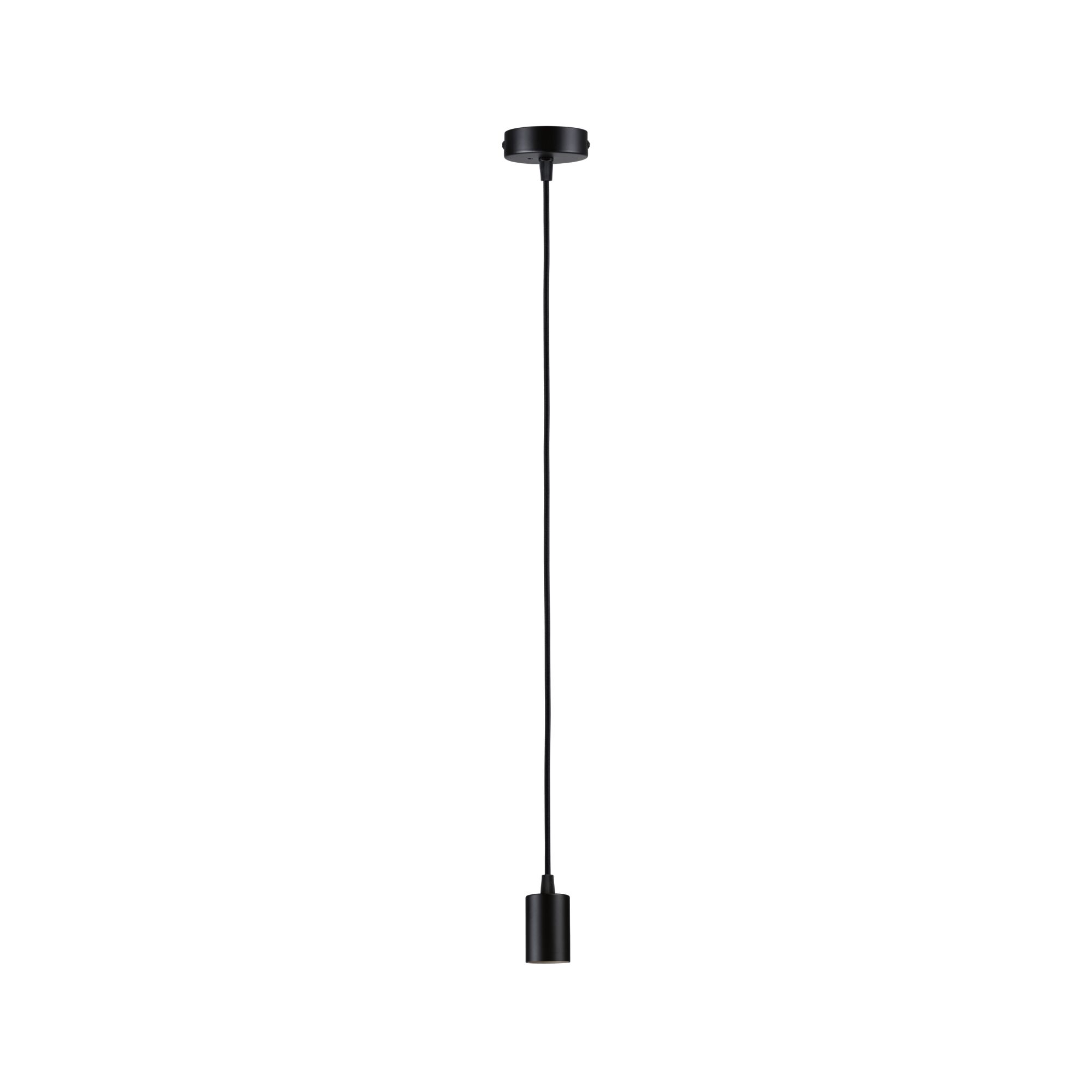 Black metal pendant light with cylindrical shade and long cord for modern interior lighting
