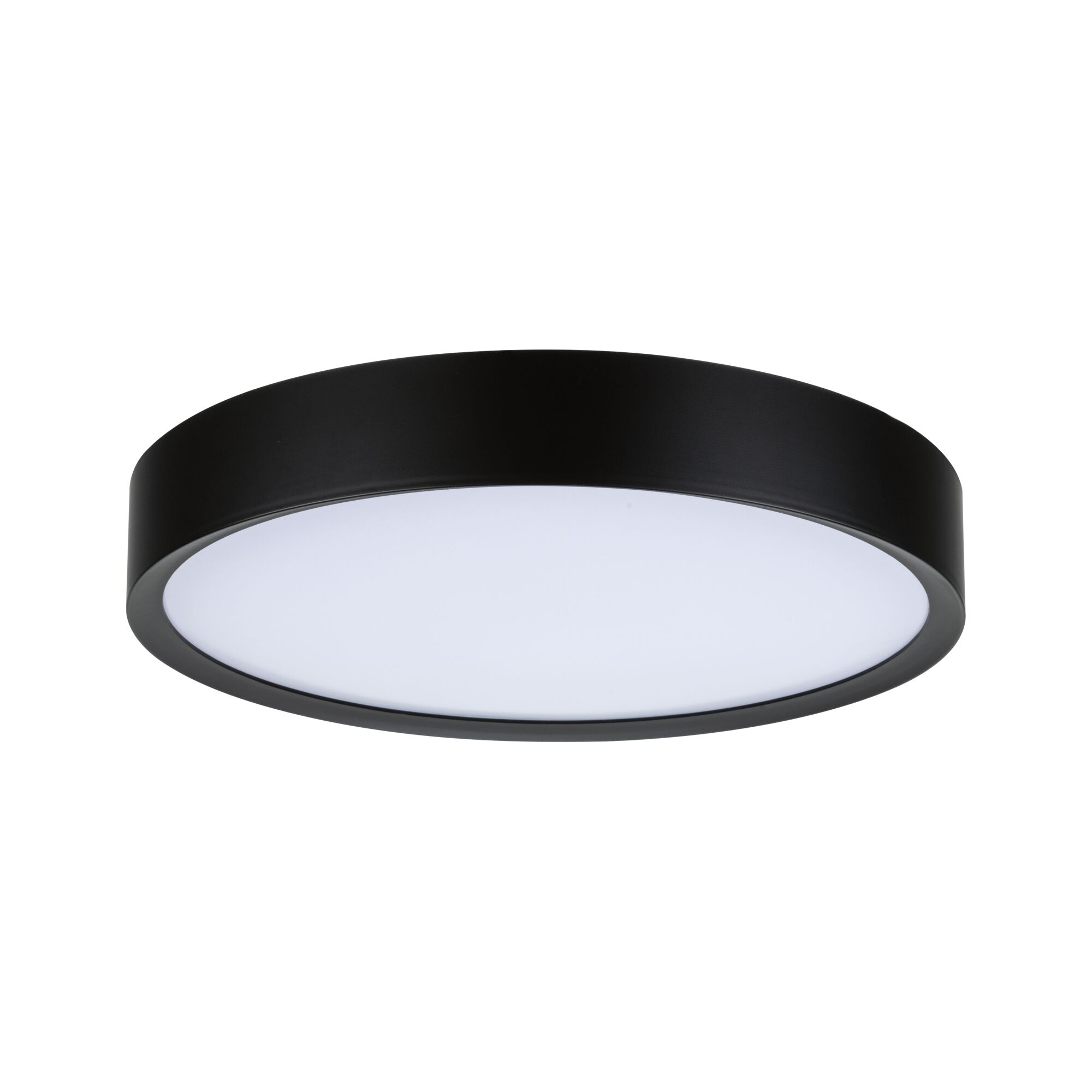 Round LED ceiling light with black metal frame and white diffuser for modern room lighting