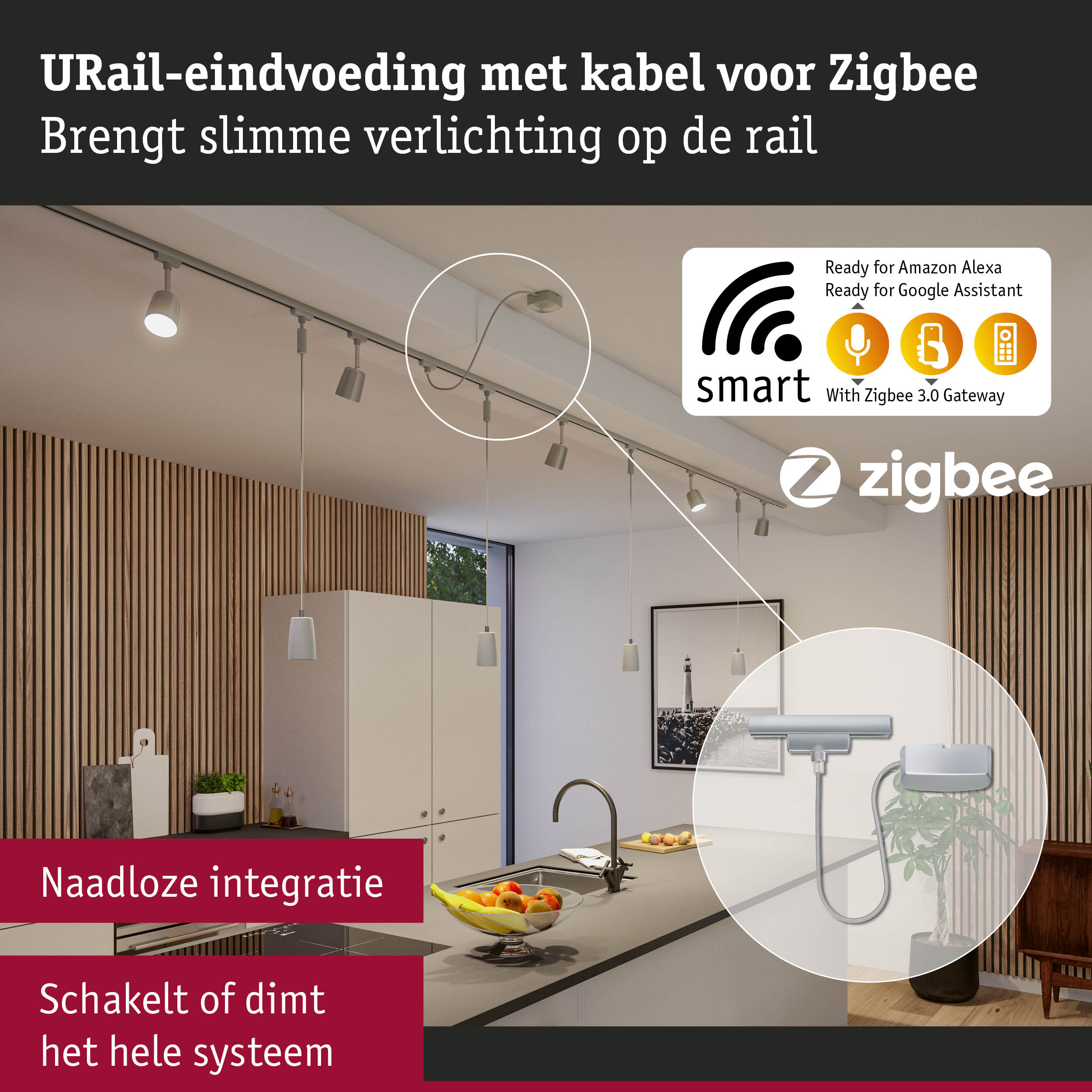 URail-eindvoeding met kabel voor Zigbee slimme verlichtingsoplossing in moderne keuken