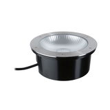 Round LED recessed light housing in stainless steel and black plastic for outdoor lighting