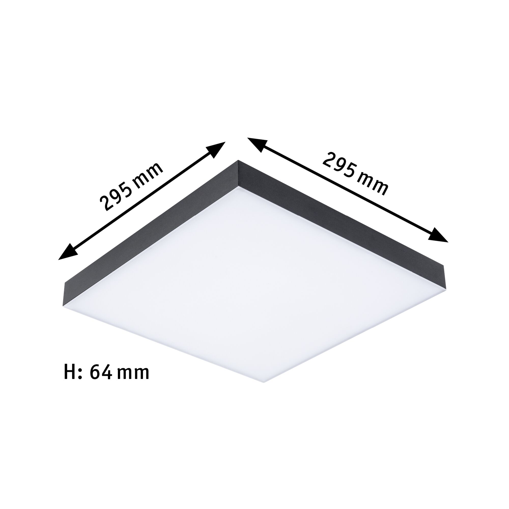 Square LED ceiling light with black frame and white diffuser, dimensions 295x295x64 mm