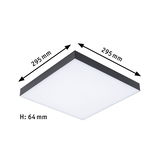 Vierkante LED-plafondlamp met zwarte rand en witte diffuser, afmetingen 295x295x64 mm