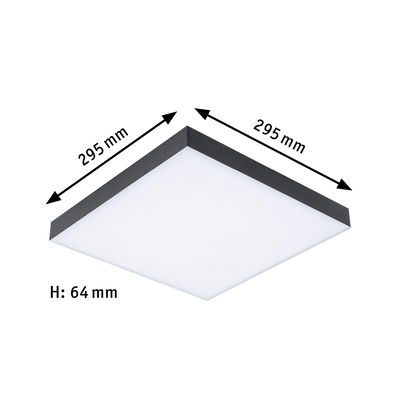 Vierkante LED-plafondlamp met zwarte rand en witte diffuser, afmetingen 295x295x64 mm