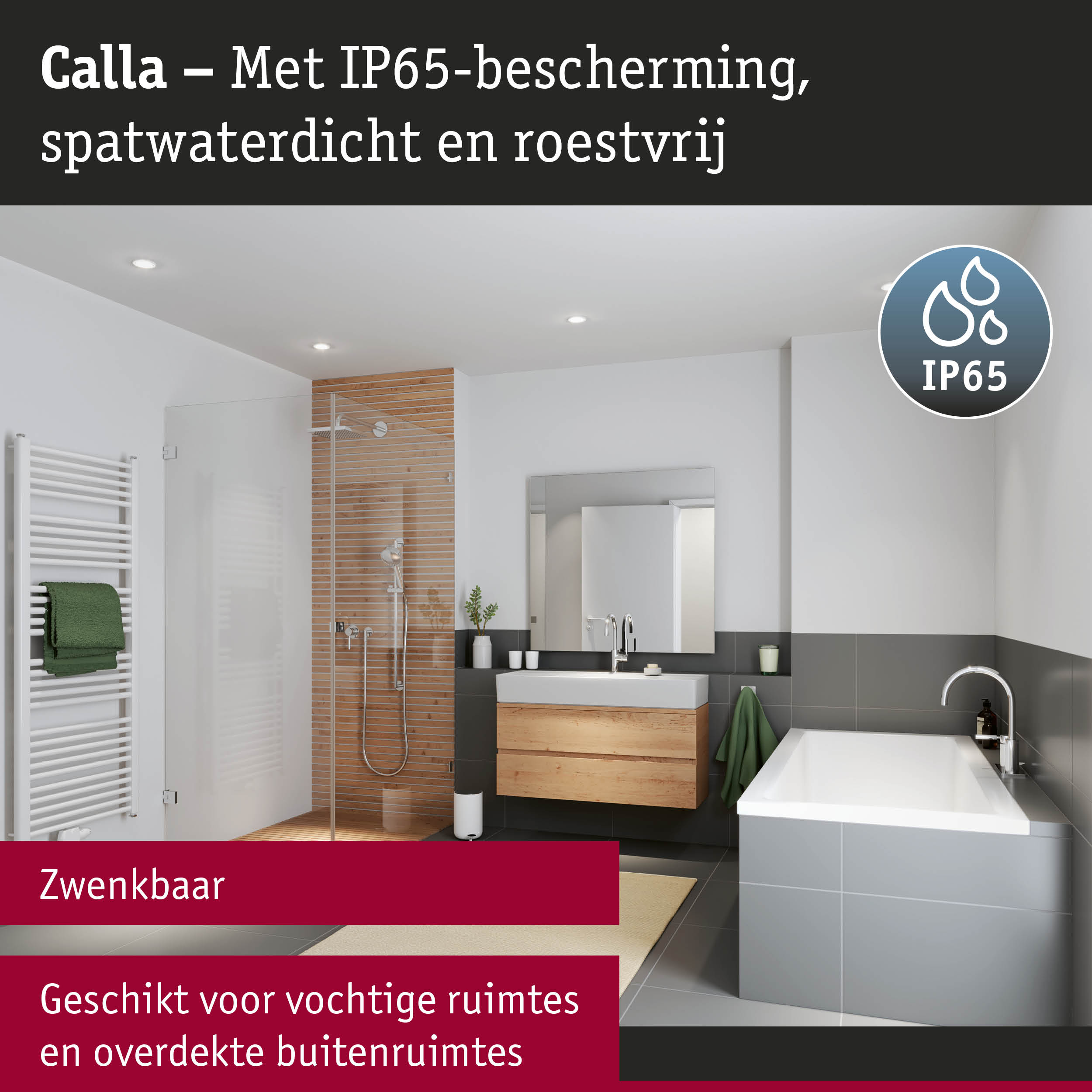Moderne badkamer met witte wastafel, houten kast en grijze badkuip in stijlvol design