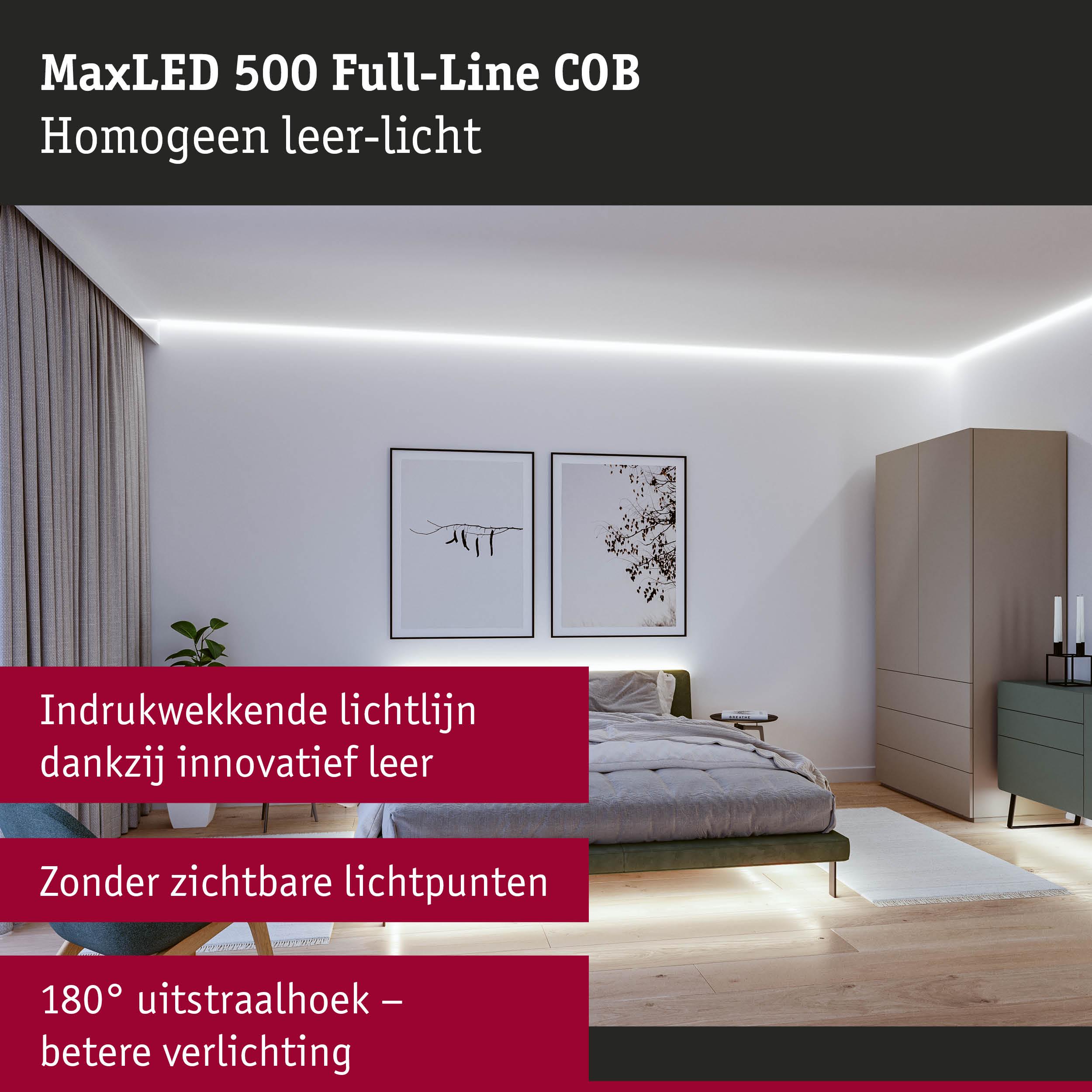 Slaapkamer met MaxLED 500 Full-Line COB LED-lichtlijn in wit voor gelijkmatige verlichting