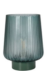 Green glass table lamp with textured pattern and matte base for ambient lighting in living spaces