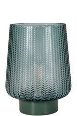 Green glass table lamp with textured pattern and matte base for ambient lighting in living spaces