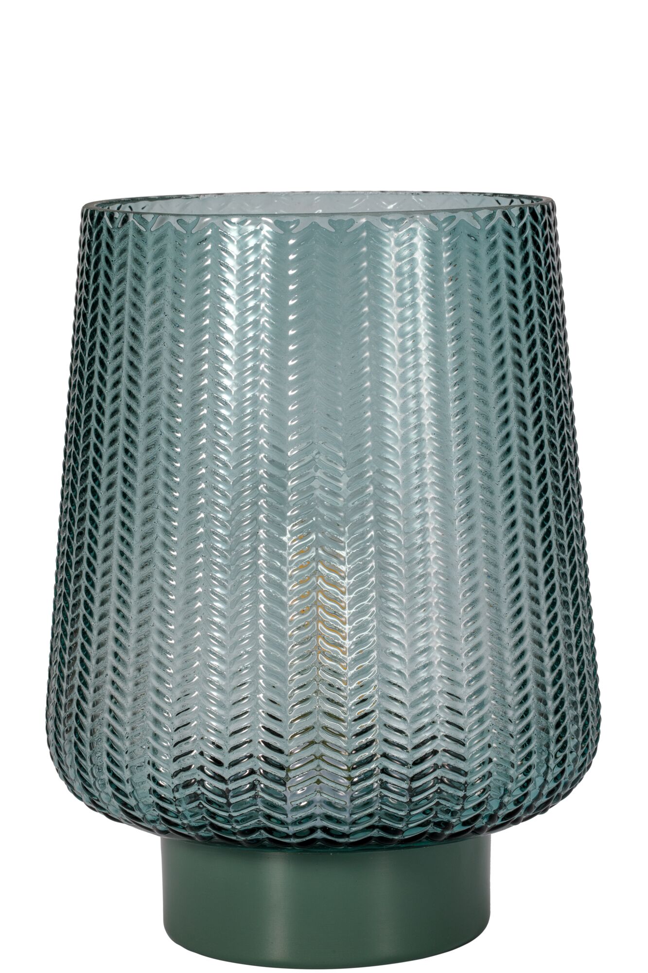 Groene glazen lampenkap met structuur en groene metalen voet voor decoratieve verlichting