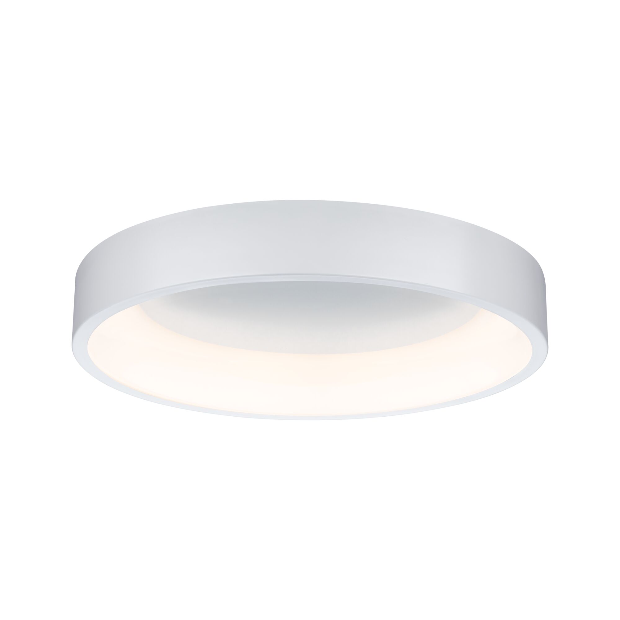 Round white metal LED ceiling light with warm white illumination for modern interiors