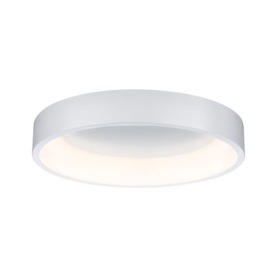 Round white metal LED ceiling light with warm white illumination for modern interiors