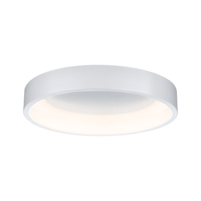 Round white metal LED ceiling light with warm white illumination for modern interiors