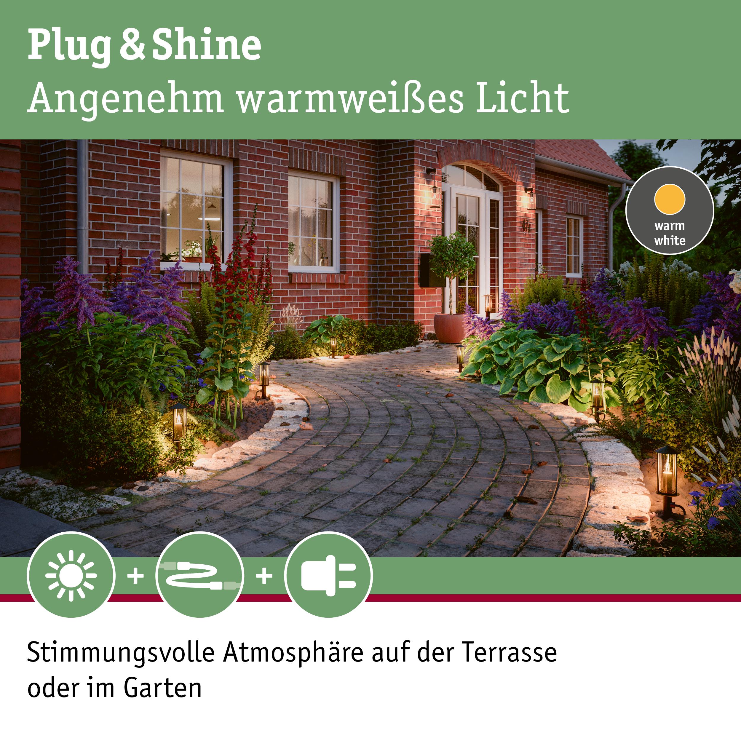Außenbeleuchtung mit warmweißem Licht entlang eines gepflasterten Gartenwegs mit Pflanzen.