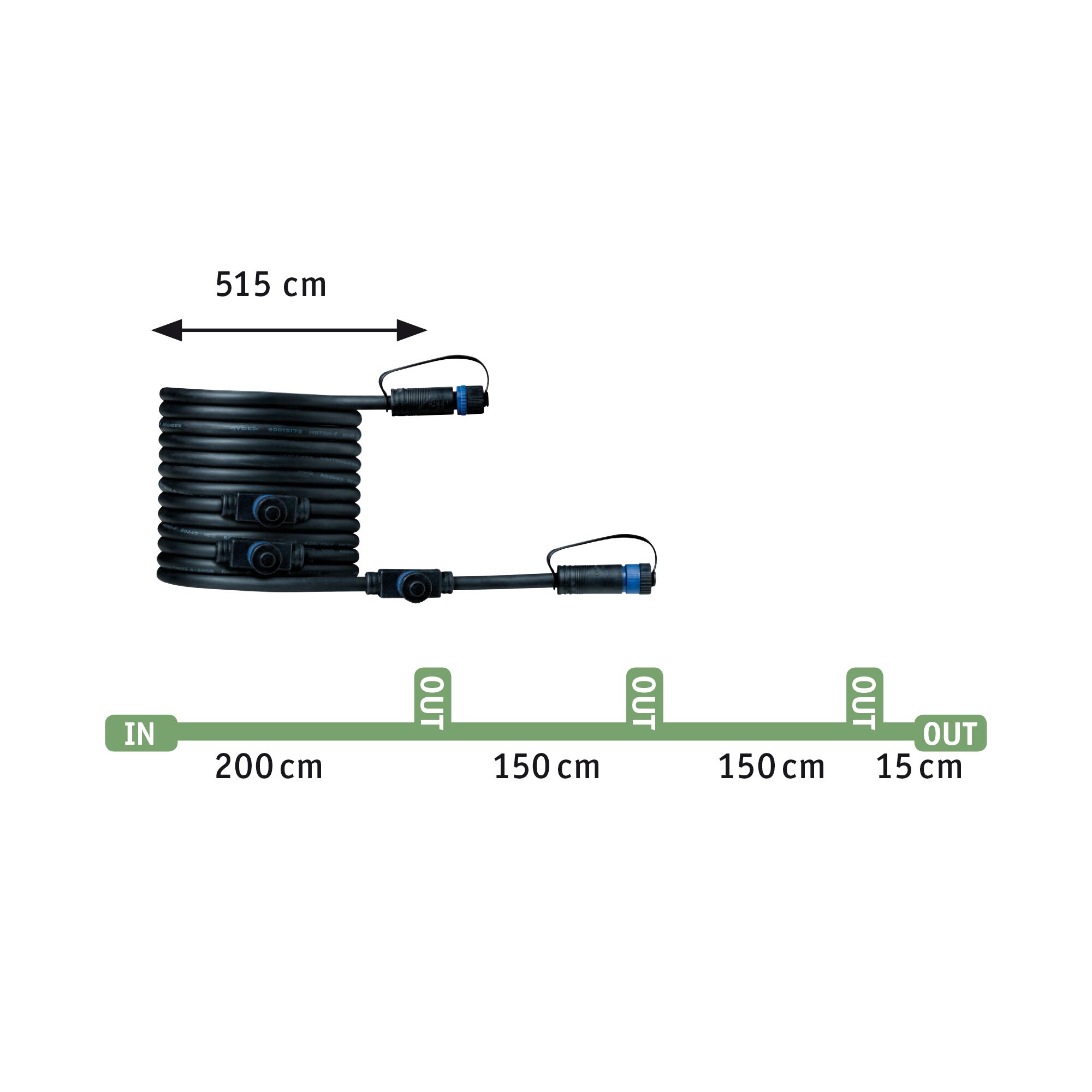Black connection cable with plugs and length details up to 515 cm for LED lighting systems.