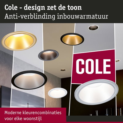Moderne inbouwspots Cole met anti-verblinding materiaal in diverse kleuren voor stijlvolle woonverlichting